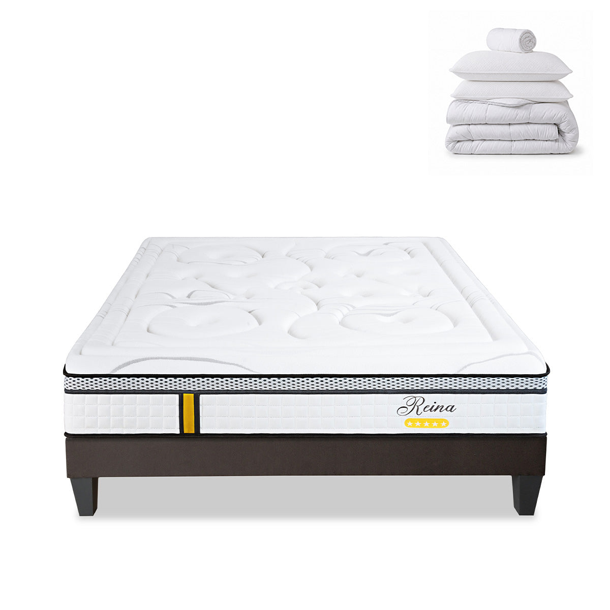 Pack prêt à dormir Reina 2.0 - Matelas + Sommier + Couette, oreillers, protège-matelas - 26 cm d'épaisseur