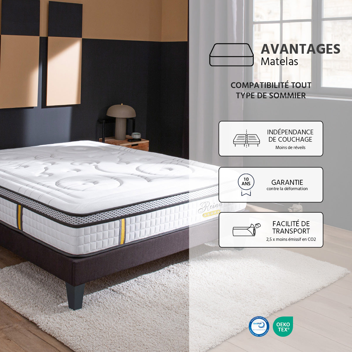 Pack prêt à dormir Reina 2.0 - Matelas + Sommier + Couette, oreillers, protège-matelas - 26 cm d'épaisseur