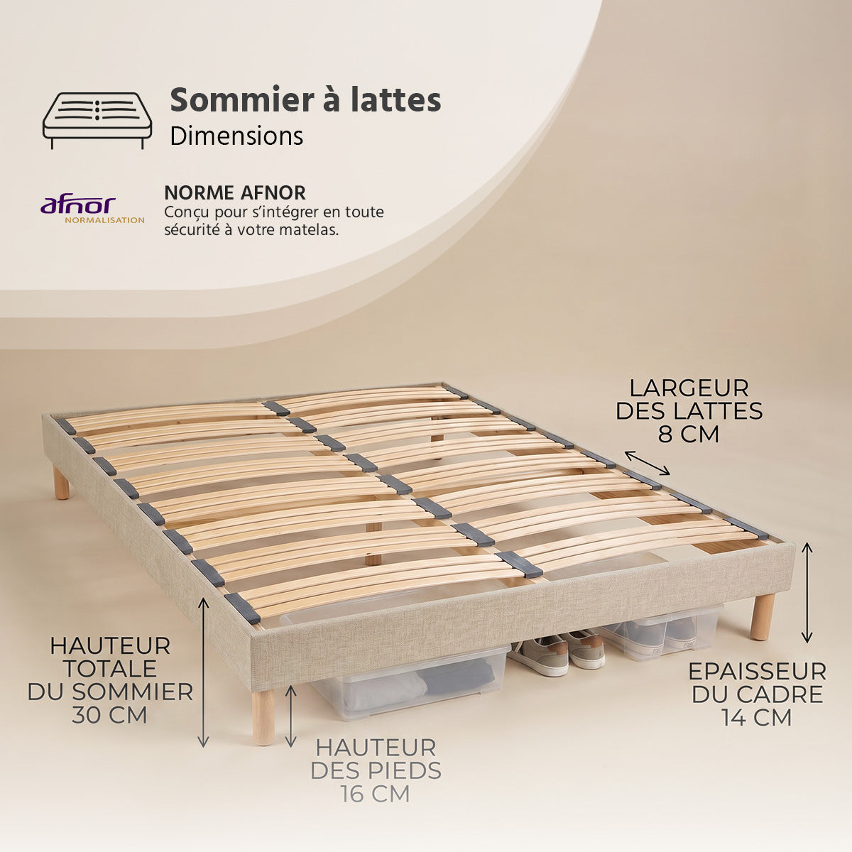 Sommier à lattes bois Lino - Tri-lattes - Beige - Livré en kit