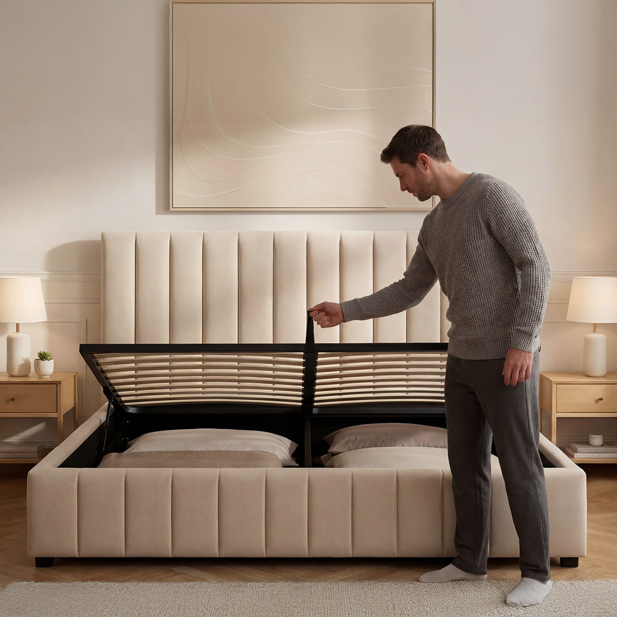 Lit Coffre Velours Beige TROCADÉRO