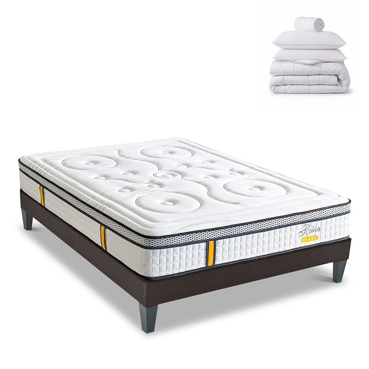 Pack prêt à dormir Reina 2.0 - Matelas + Sommier + Couette, oreillers, protège-matelas - 26 cm d'épaisseur