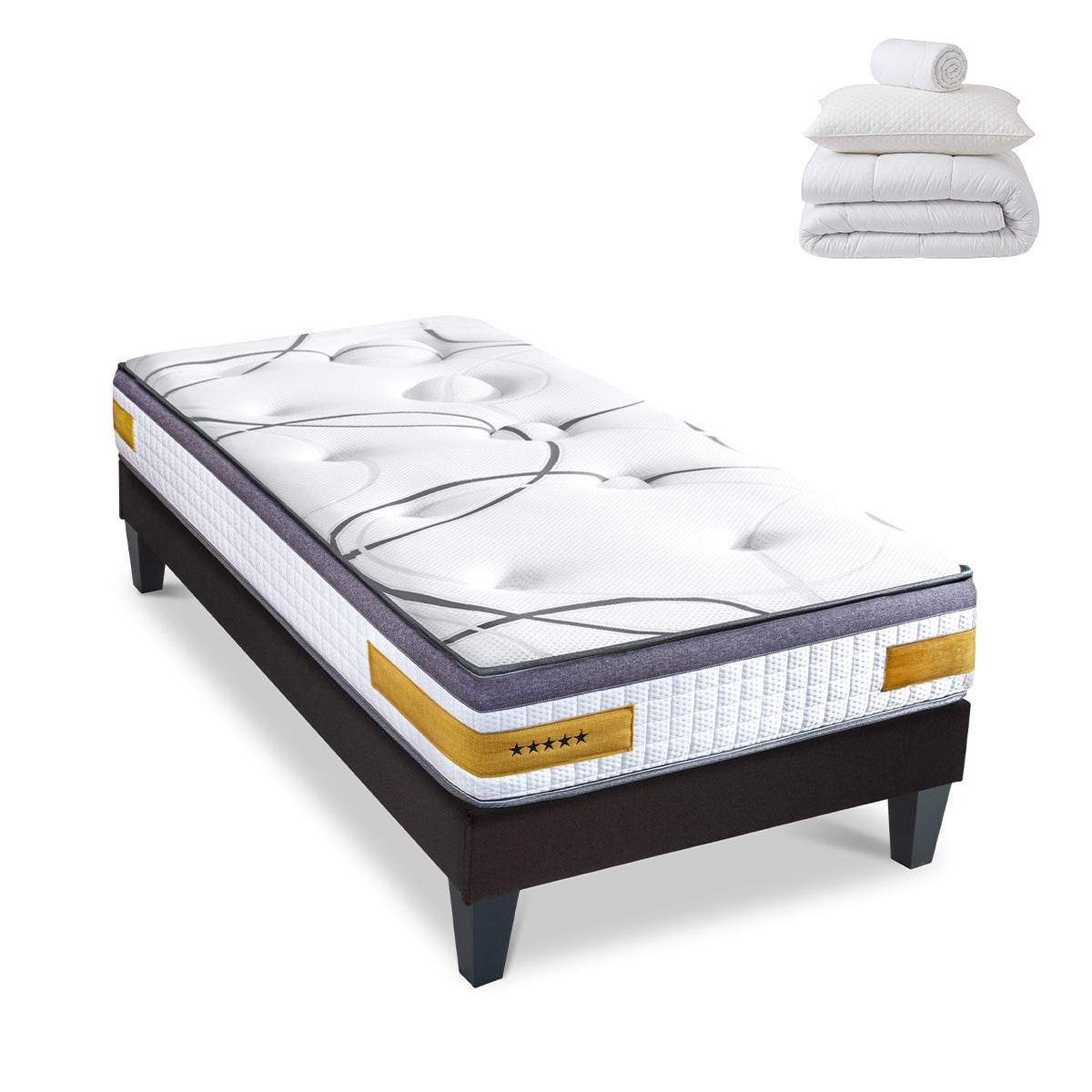 Prêt-à-dormir COPENHAGUE avec Sommier, Couette, Oreillers et Protège-matelas - 24 cm d'épaisseur - Accueil équilibré, soutien ferme