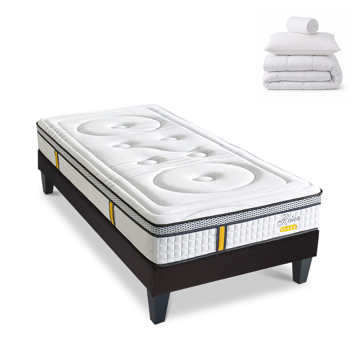 Pack prêt à dormir Reina 2.0 - Matelas + Sommier + Couette, oreillers, protège-matelas - 26 cm d'épaisseur