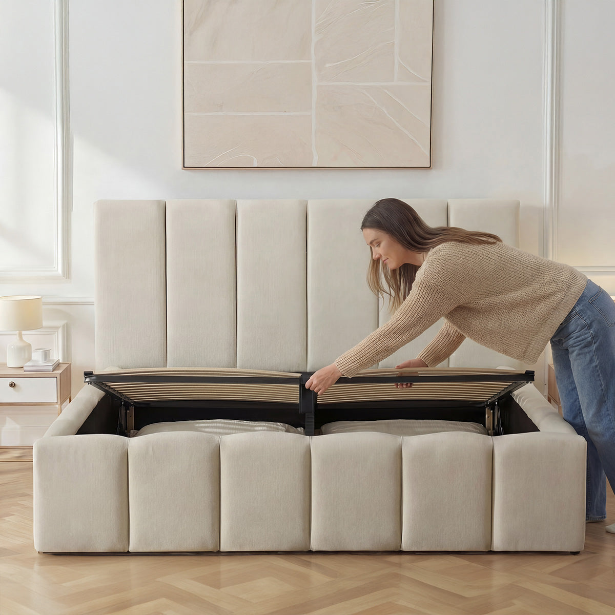 Lit Coffre Tissu Beige MADELEINE