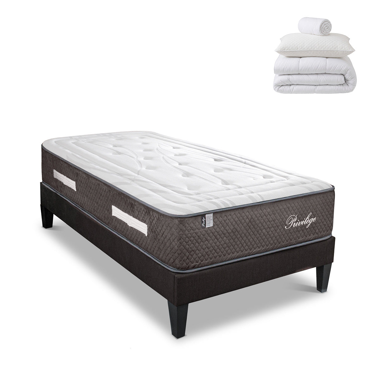 Pack prêt à dormir Privilège - Matelas + Sommier + Couette, oreillers, protège-matelas - 30 cm d'épaisseur