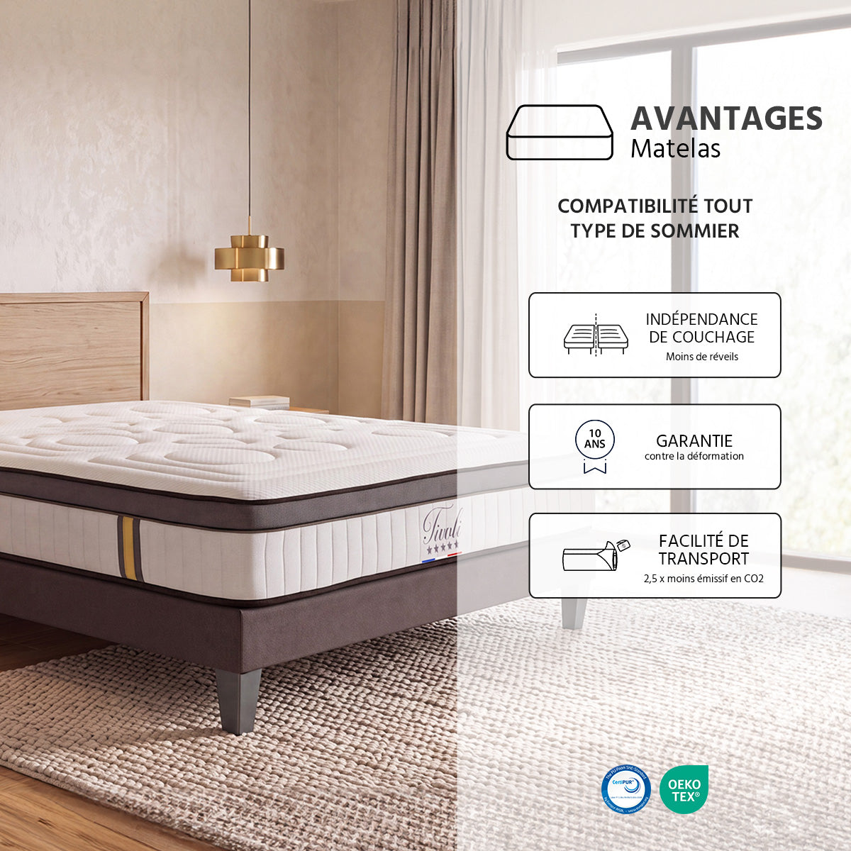 Ensemble Tivoli - Matelas mémoire de forme moelleux + Sommier bois - 25 cm d'épaisseur