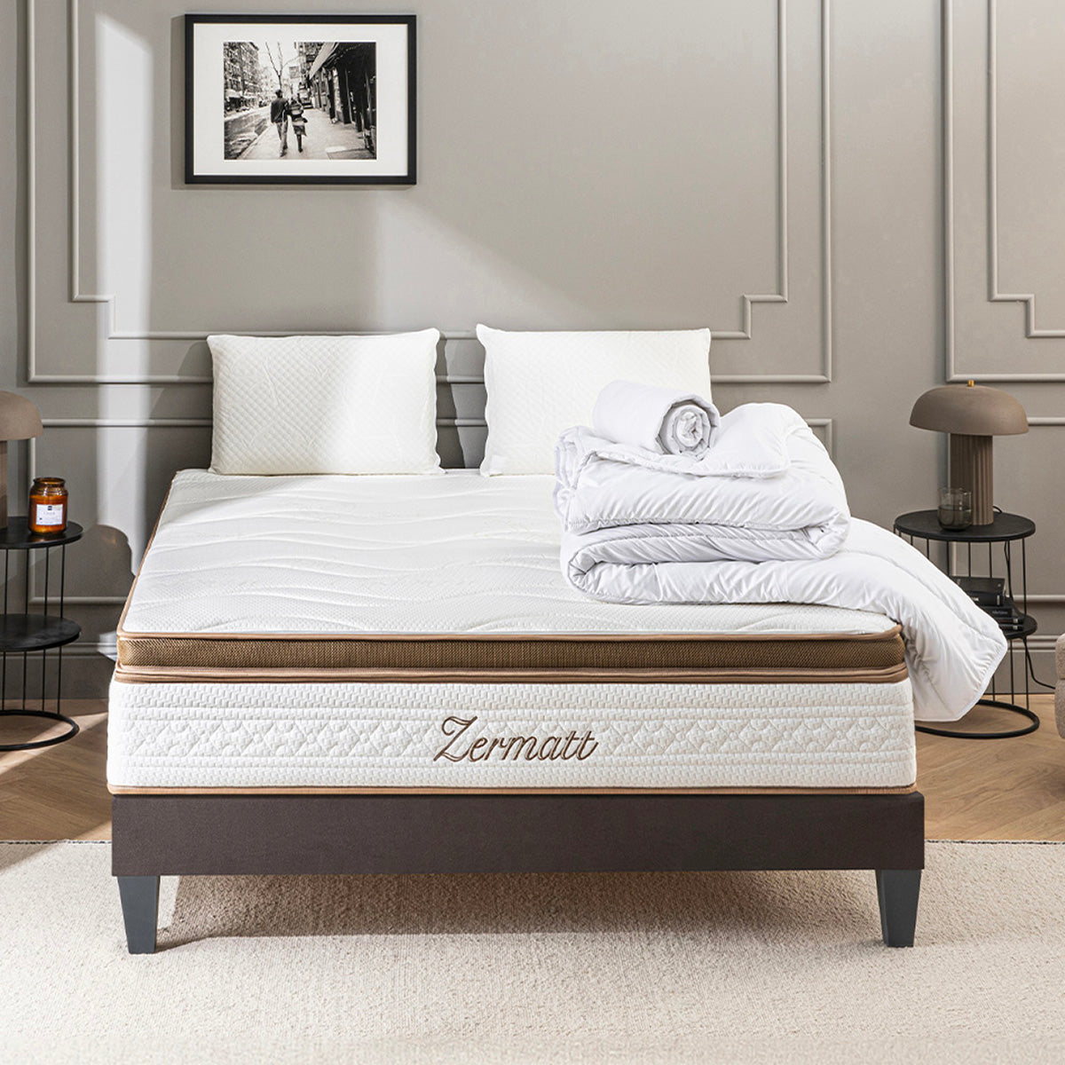 Lit boxspring 200x200 avec surmatelas et tiroirs, velours côtelé gris Lit boxspring 200x200 avec surmatelas et tiroirs, velours côtelé gris