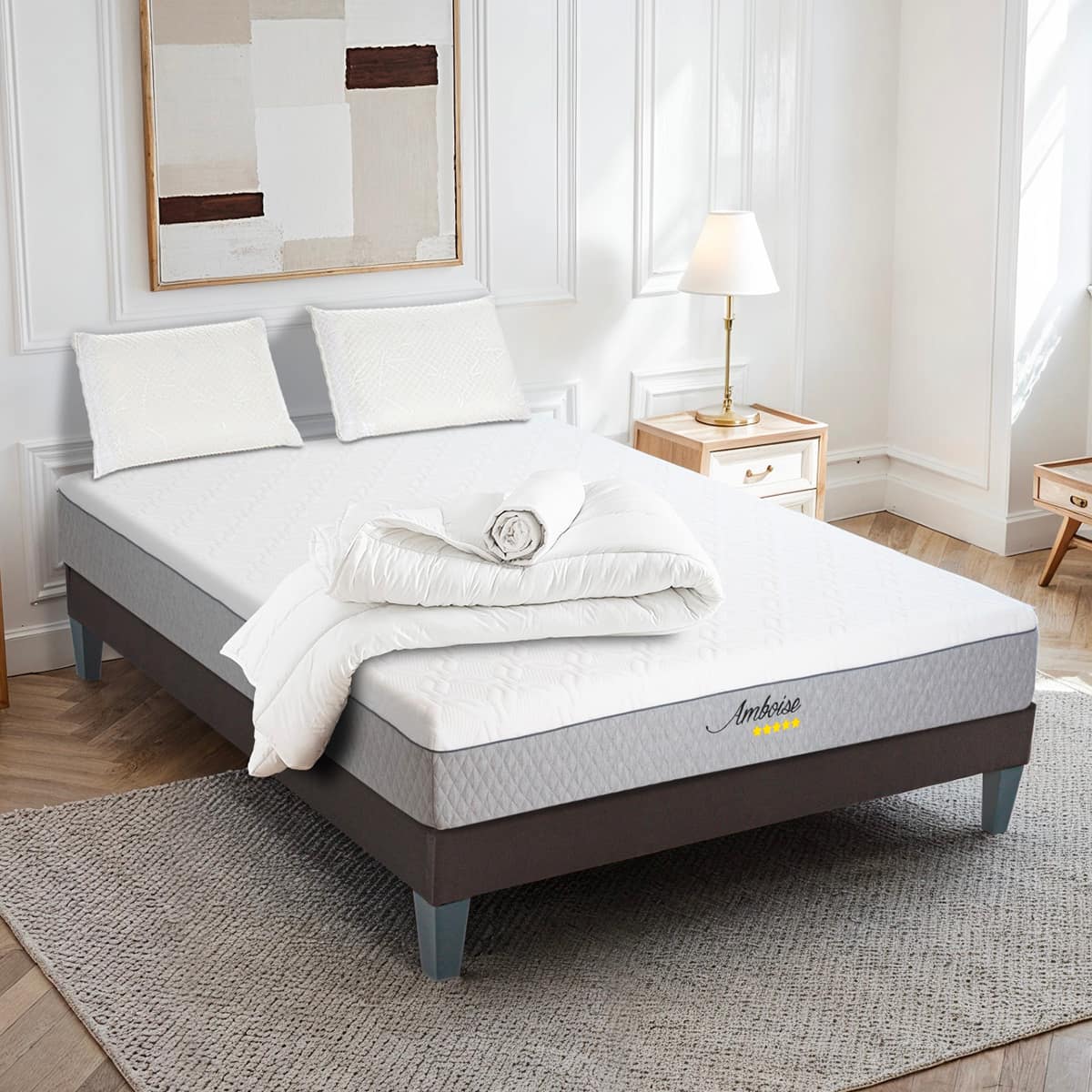 Prêt-à-dormir AMBOISE avec Sommier, Couette, Oreillers et Protège-matelas