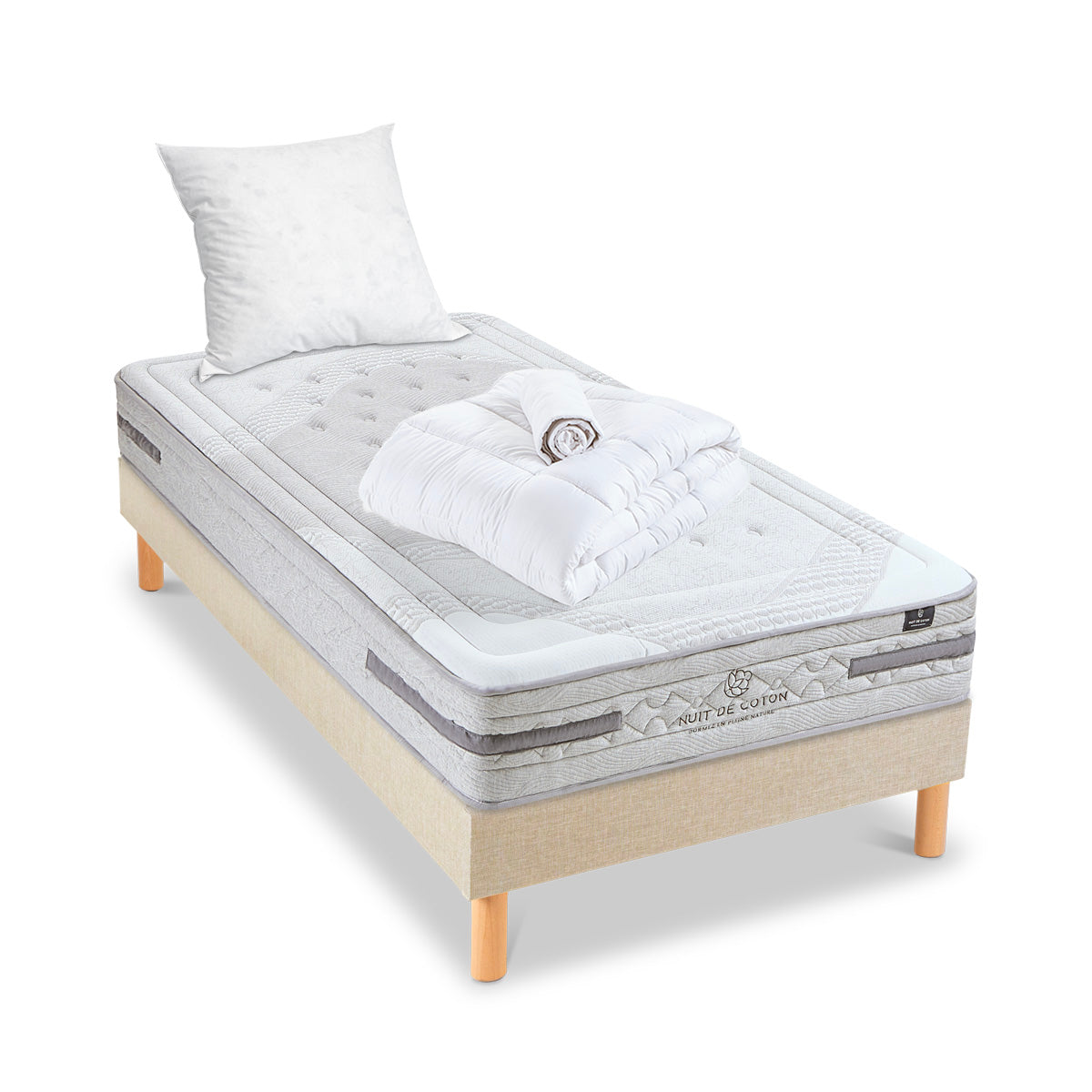 Prêt-à-dormir SÉRÉNADE avec Sommier, Couette, Oreillers et Protège-matelas