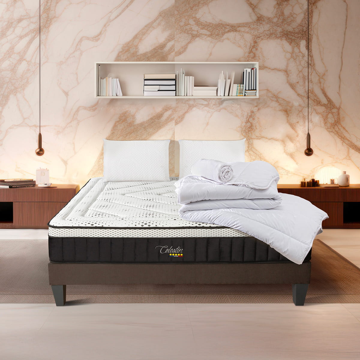 Prêt-à-dormir CÉLESTIN 2.0 avec Sommier, Couette, Oreillers et Protège-matelas