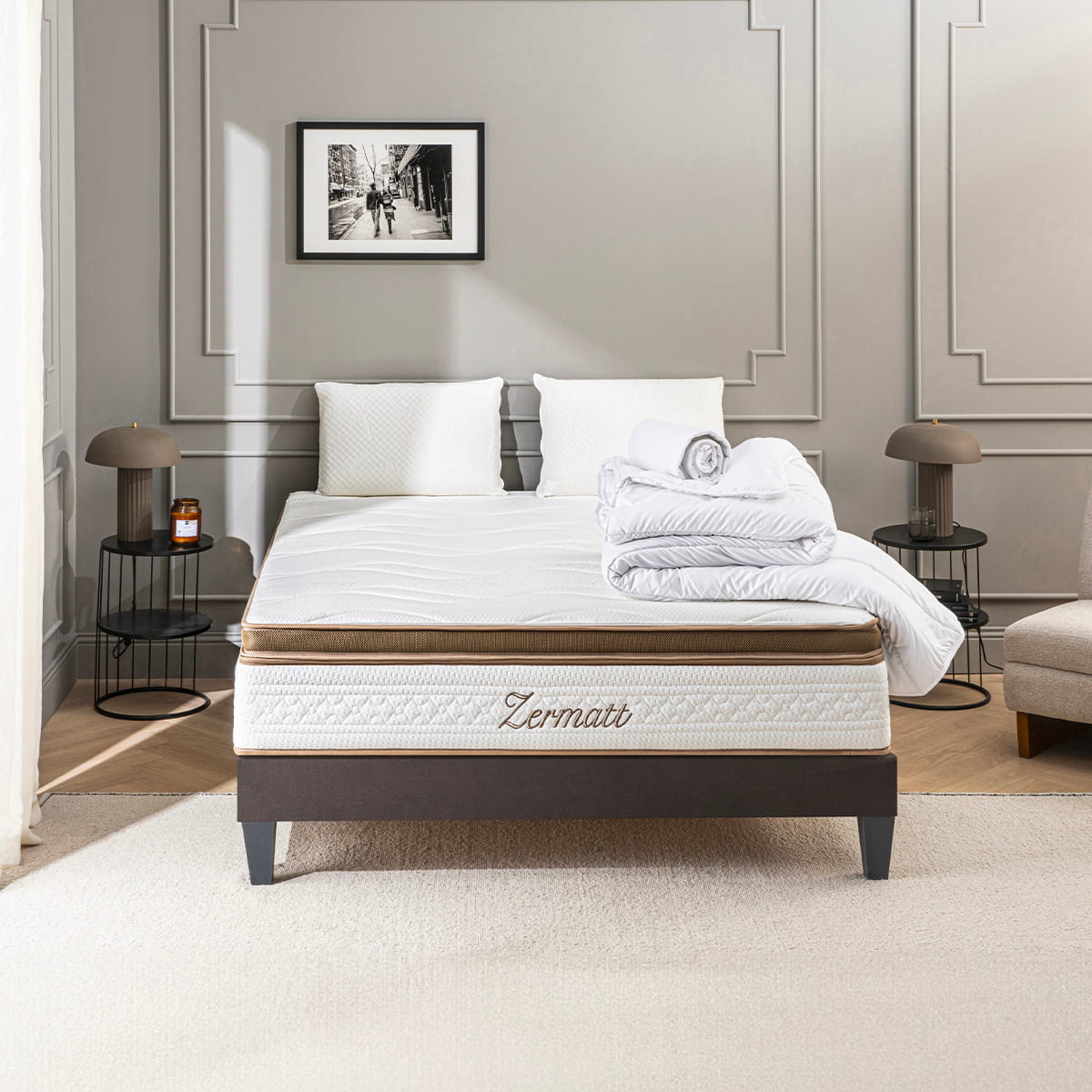 Prêt-à-dormir ZERMATT avec Sommier, Couette, Oreillers et Protège-matelas