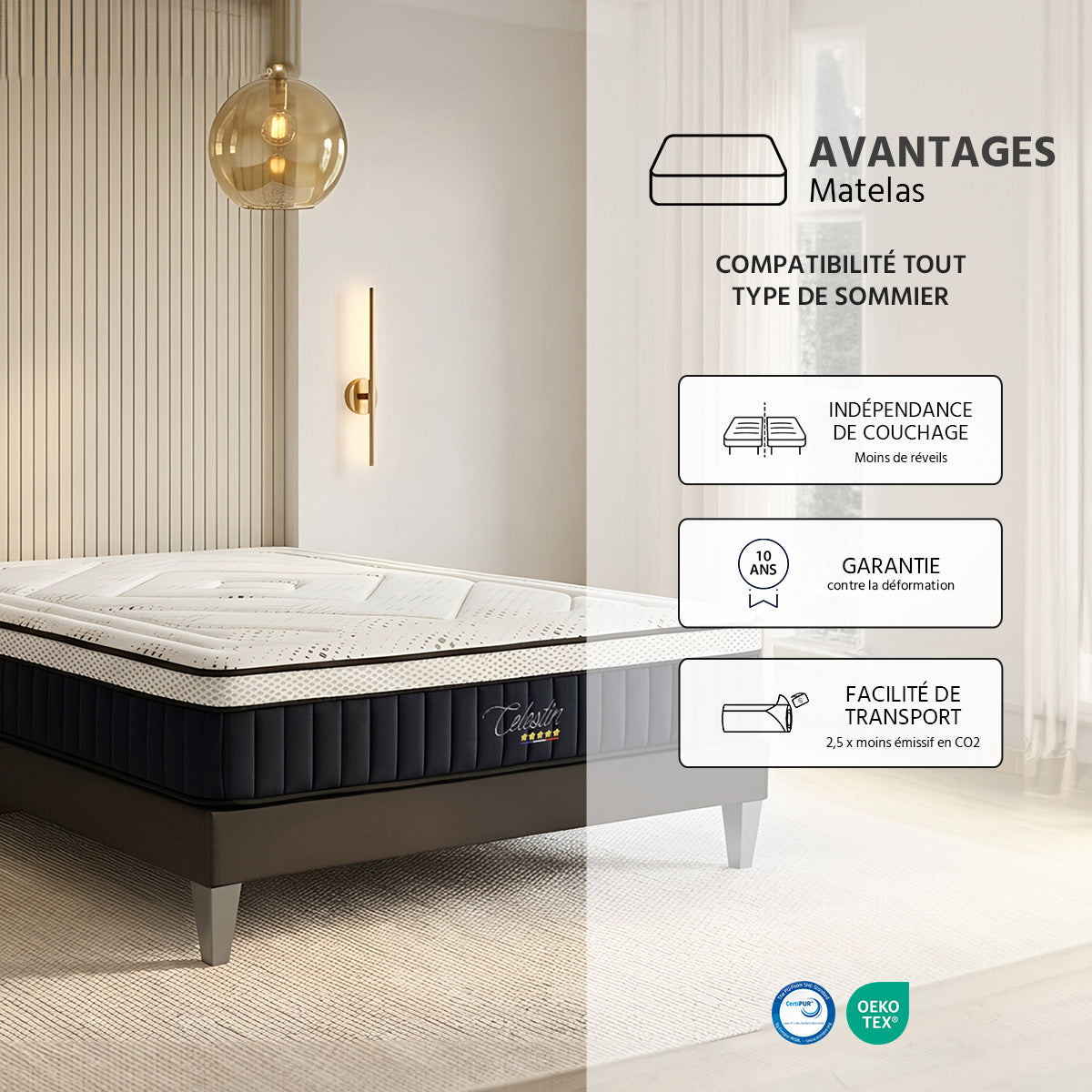 Pack Célestin 2.0 - Matelas + Sommier + Accessoires - La chambre équipée en une fois - 29 cm d'épaisseur
