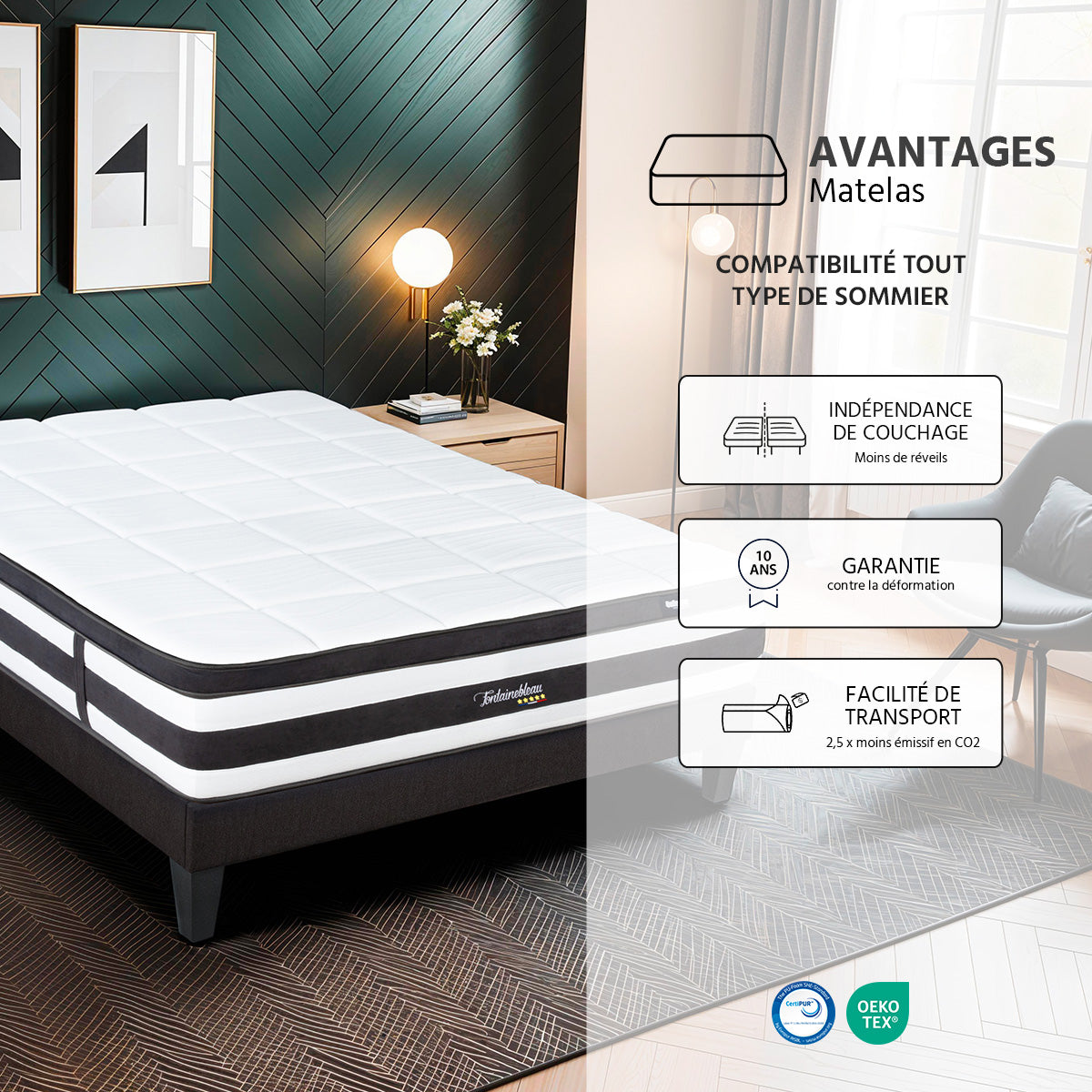 Matelas Fontainebleau - Ressorts ensachés + mémoire de forme - Moelleux puis ferme - 25 cm d'épaisseur